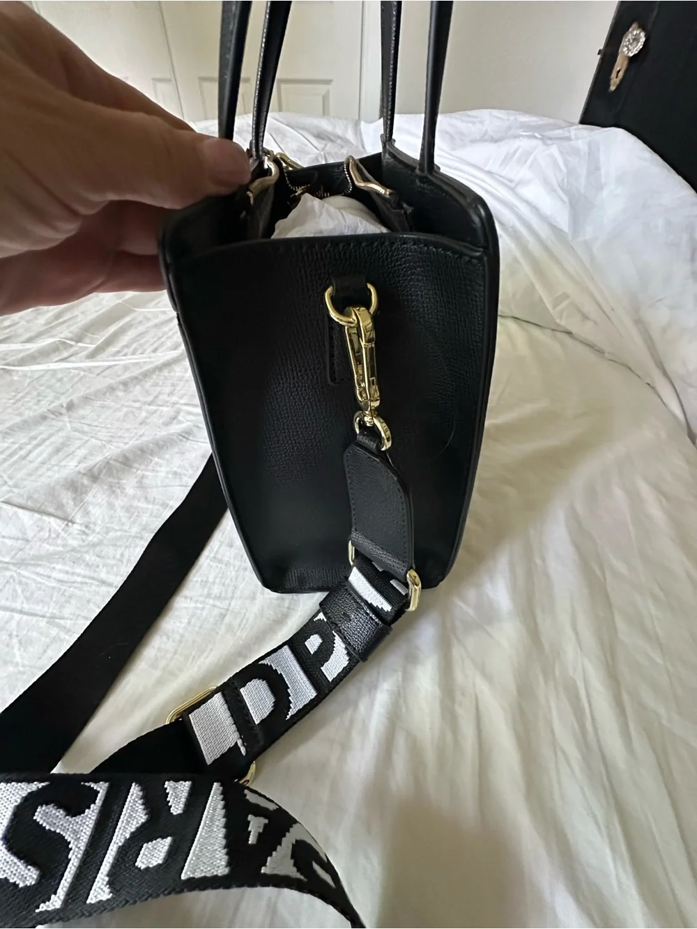 Karl Lagerfeld Black Graphic Leather Tote with Removable Logo Strap